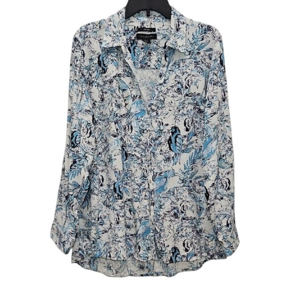 Tahari 100% Linen Tropical Bird Novelty Print Button Up Size Large Career Beachy